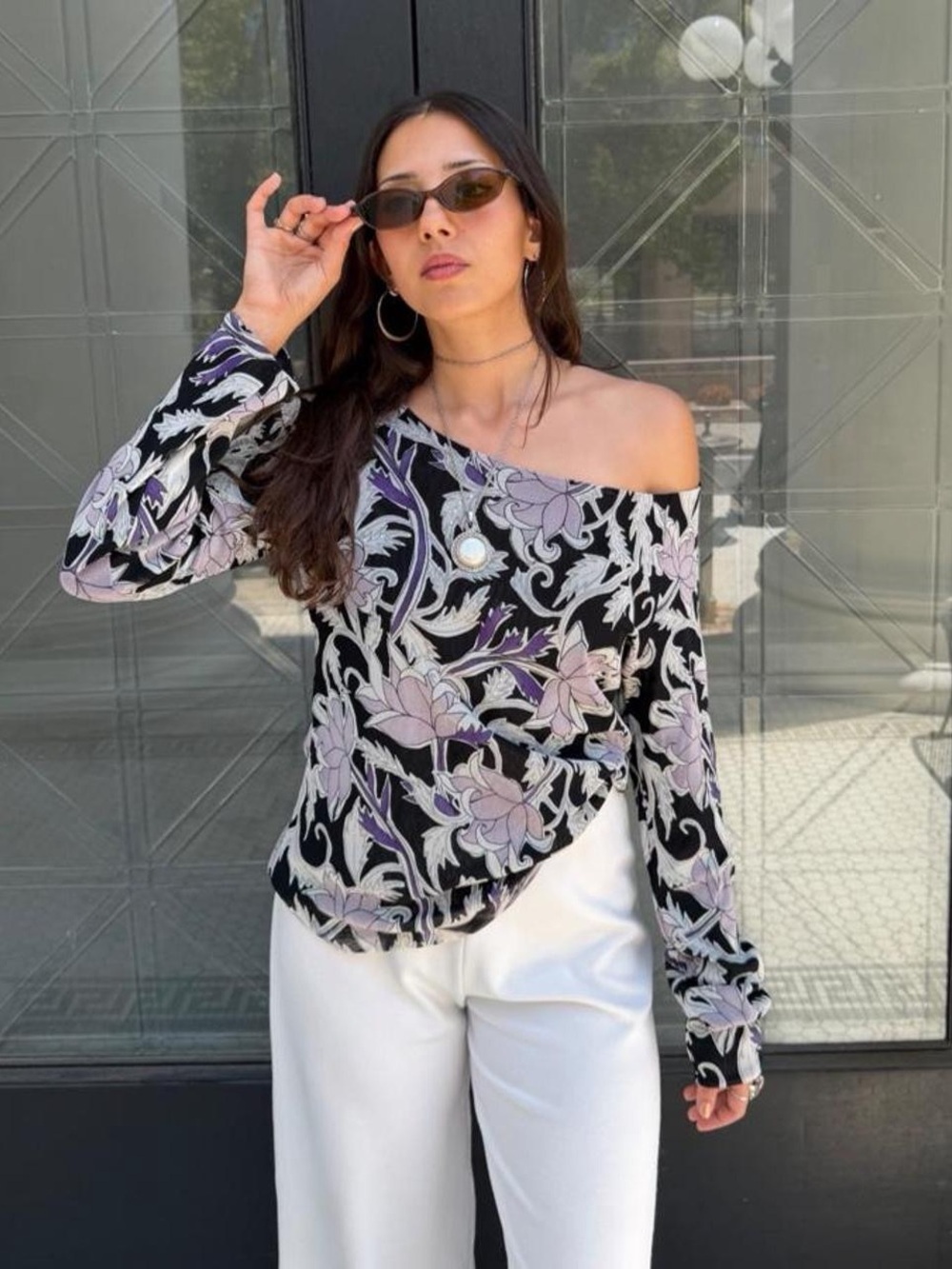 The Limited black & purple floral off the shoulder blouse with pearl detail -m